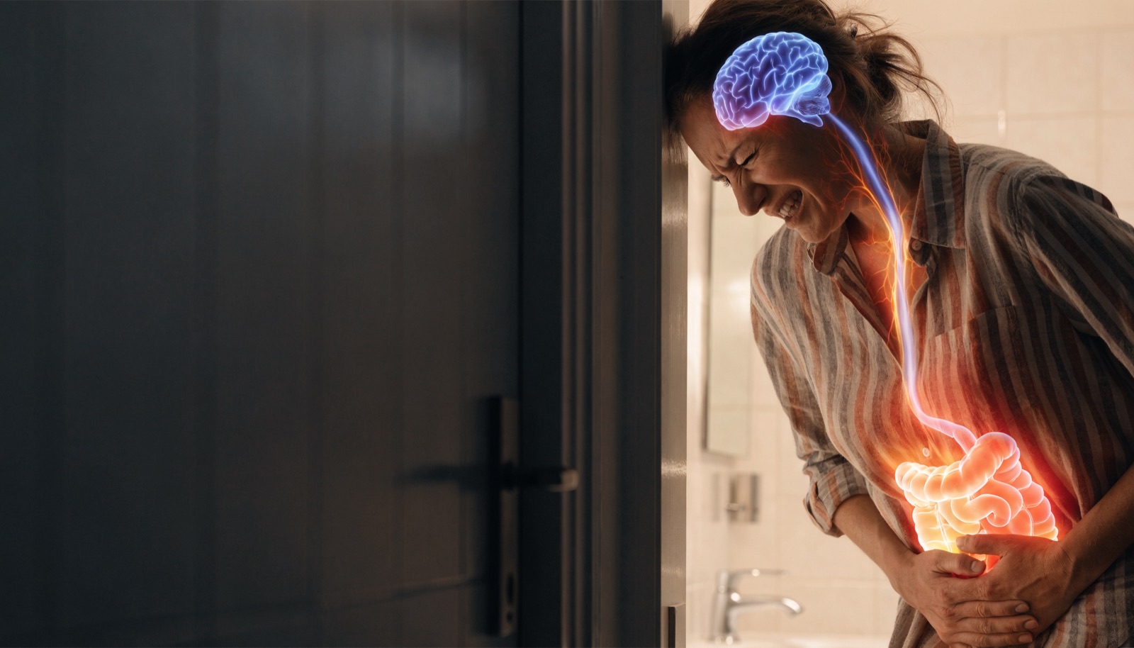 A woman doubled over with gut pain, the gut-brain connection illustrated across her body